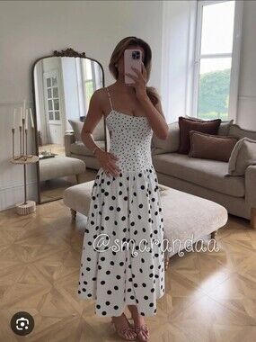 Zara Polka Dot Strappy Cotton Dress White Black NWT